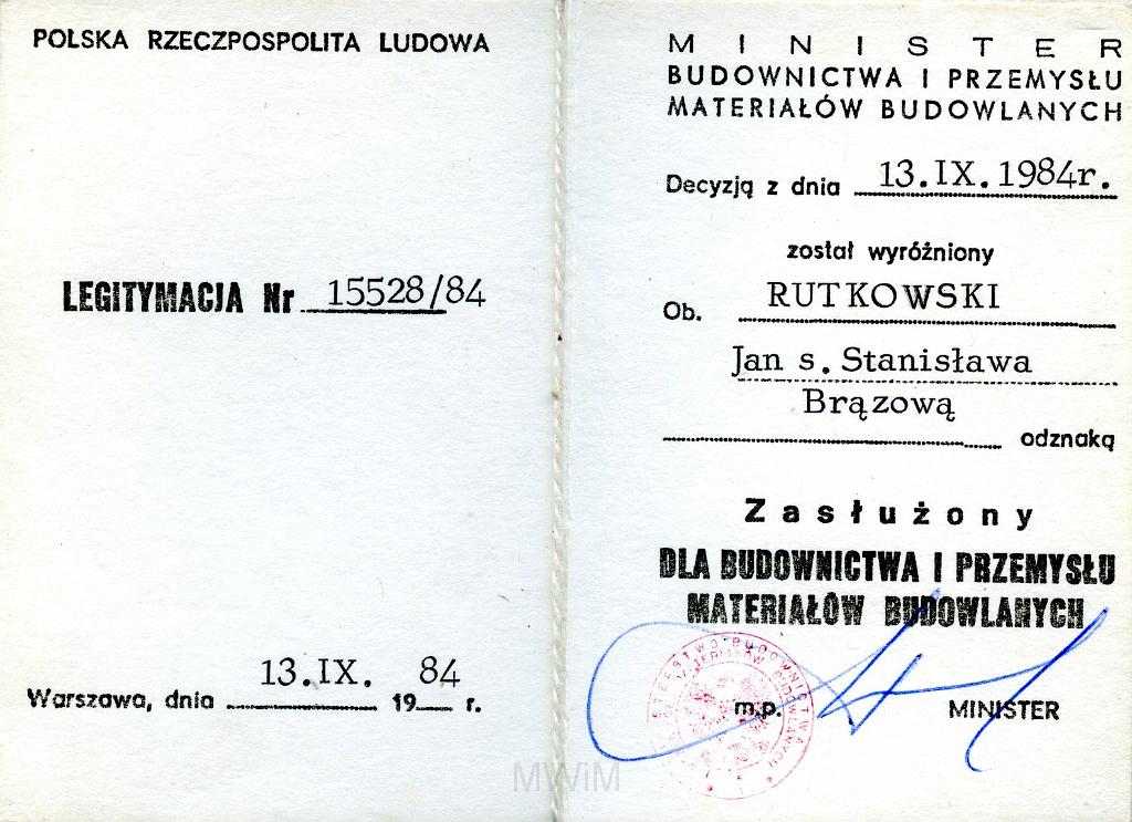 KKE 3267-2.jpg - Legitymacja PRL "Zasłużony dla Budownictwa i Przemysłu Materiałów Budowlanych", Jana Rutkowskiego, Warszawa, 1984 r.